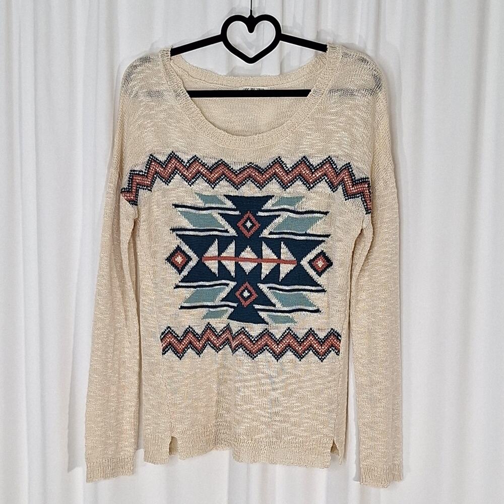 Pink Rose Women's Sweater XL Beige Southwestern Aztec Lightweight Knit Boho Top - Picture 4 of 13